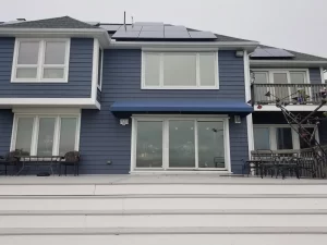 blue fabric door canopy above sliding patio doors